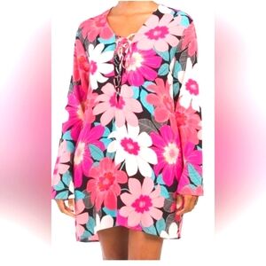 LA BLANCA Women's Bloom Pink Floral Lace Up Tie Tunic Swim Cover Up Dress Size L